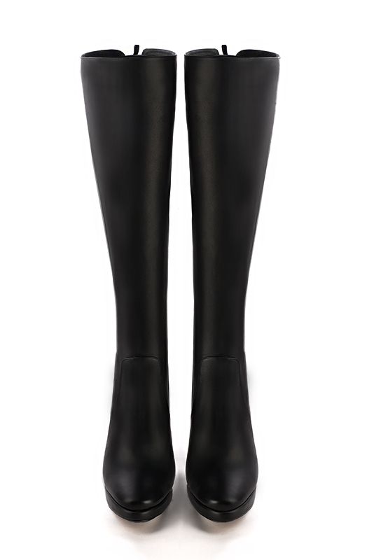 Satin black women's knee-high boots, with laces at the back. Round toe. Very high slim heel with a platform at the front. Made to measure. Top view - Florence KOOIJMAN